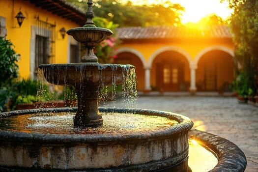 Patio con pileta al atardecer